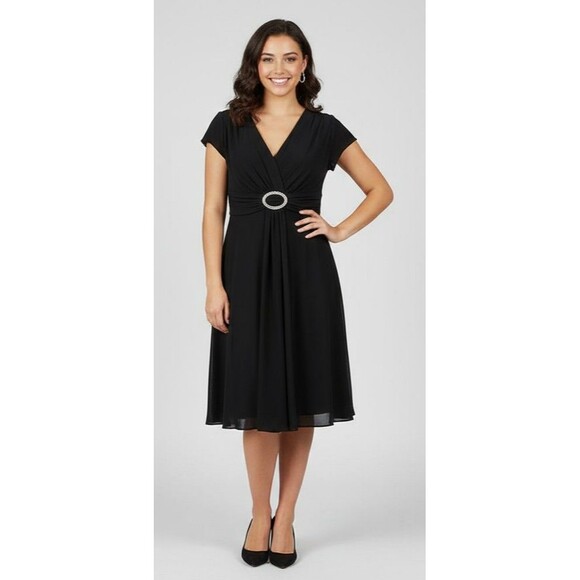 R&M Richards Black Shift Dress Sz 14 Rhinestone Buckle Elegant Classic - Picture 1 of 14